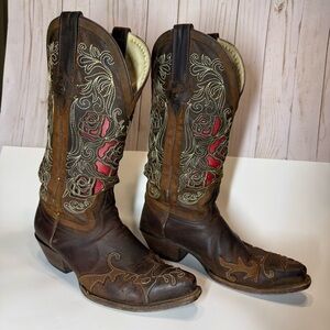 Dusty Rocker Leather Cowgirl Boots with Rose Design